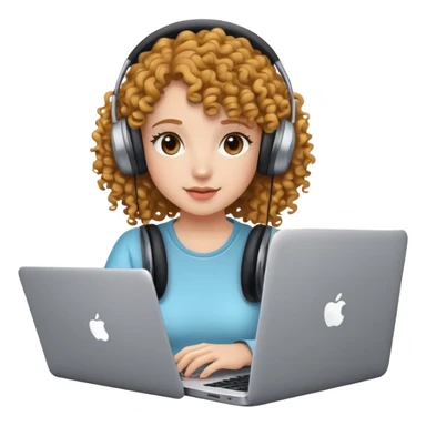 curly hair girl with headphones and a laptop sticker