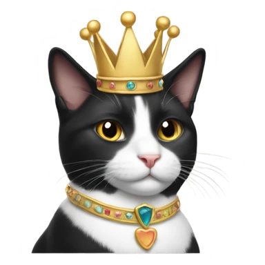 Tuxedo cat sitting and wearing a crown sticker