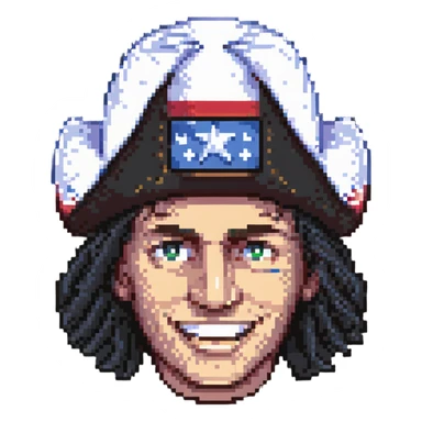 pixel art of Yankee Doodle's head, wearing a classic black Tricorne hat, cheerful expression sticker