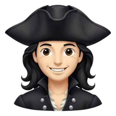 A charismatic pirate with wavy black hair, wearing a black tricorn hat and a sleek black coat with silver buttons, smiling confidently. sticker