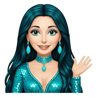 Cher, Goddess of Pop from Famous People with long jet black hair, turquoise sequin outfit sticker