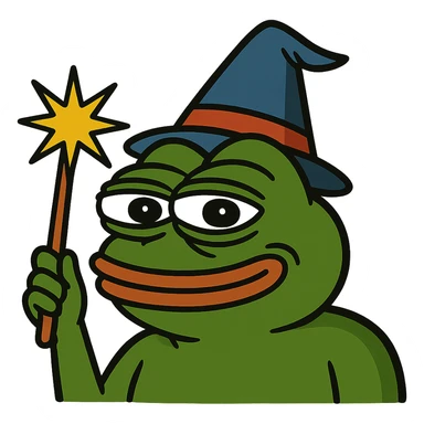 Pepe the Frog meme style with a wizard hat and magic wand, remove background, keep transparent background. sticker
