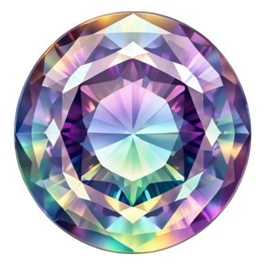 Round cut gemstone of mystic quartz with swirling holographic colors inside sticker