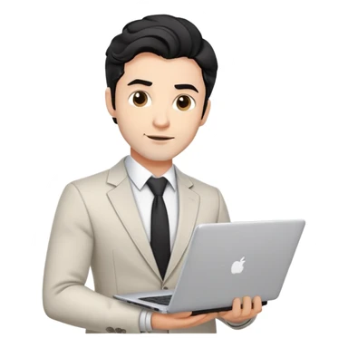 Professional 35-year-old man with black wavy hair, stubble, strong jawline, white skin tone, wearing smart casual business attire, holding a laptop, with a confident approachable expression sticker