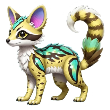 Rare realistic neon-colored iridescent shiny warm-colored lush tropical exotic cute epic pretty beautiful handsome gorgeous aesthetic colorful vibrant Vernid-Protogen-Primagen-Wickerbeast-Genet-Trico-species-Fakemon-hybrid-creature by LiLaiRa, beautiful intricate markings, full body sticker
