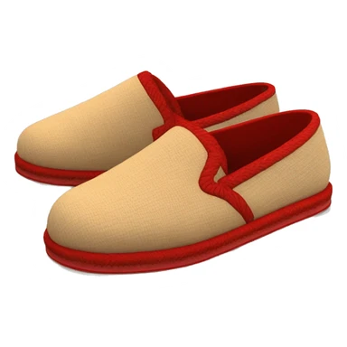 Camel colored slip-on slippers. That has a Very thin red woven zig-zag trim on the cuff and a red small heel pull tab, and a  very thick camel colored platform sole. sticker