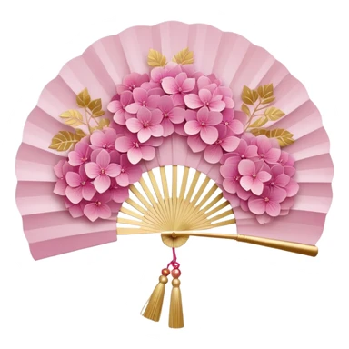 Japanese style pink hydrangea (ajisai) flower arranged like traditional uchiwa fan design, with gold accents, rinpa style pattern background, elegant composition sticker