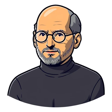 Steve Jobs with black turtleneck, round glasses, beard sticker
