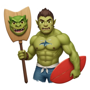 orc male holds a board with a shark painted vertically in his hands sticker