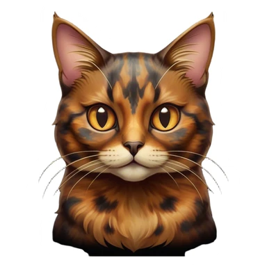 Cinematic Noble Tortoiseshell Cat Portrait Emoji, Poised and dignified, showcasing a luxurious, mottled fur of rich browns and blacks, with elegantly arched whiskers and a determined yet gentle expression, simplified yet meticulously detailed, glowing with a subtle, regal radiance, high shine, embodying quiet nobility and refined charm, soft glowing outline, capturing the essence of a sophisticated tortoiseshell cat exuding quiet authority! sticker