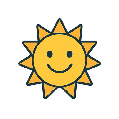 smiling sun icon, color outlines, cheerful and simple sticker