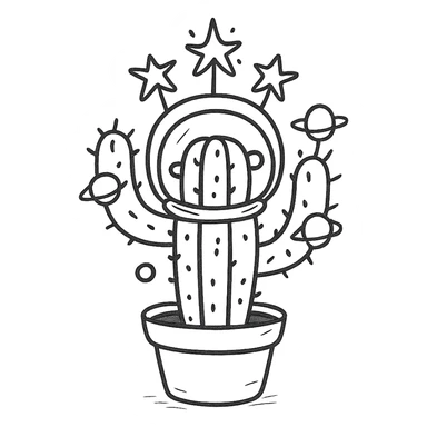 A spacesuit-wearing cactus blooming neon stars instead of flowers, with mini planets on its prickles sticker