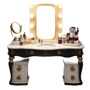 Antique Hollywood vanity with lights around mirror and black and white skincare laid out sticker