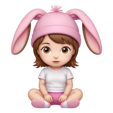 Kawaii baby girl emoji, sitting, brown hair, big eyes, pink bunny ear hat, white t-shirt, pink shorts sticker