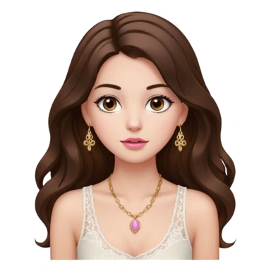 fair-skinned girl with dark brown, slim shaped eyes and long lashes. long, brown hair styled in a voluminous, wavy blowout. wearing a delicate white lace tank top and a dainty gold necklace, plump pink lips. sticker