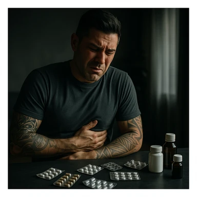 A man with a distressed expression, gently holding his right side below the ribs as if uncomfortable. On a table around him are scattered blister packs, small unlabeled bottles, and containers. The lighting is moody and soft, suggesting a reflective or concerning moment. Render in cinematic realism style with subdued colors and an emotional tone. sticker