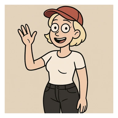A woman Very Light Blonde short hair Red Ultimate panel Cap white top black jeans a hand say hello sticker