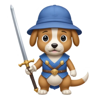 dog wearing a backwards hat and holding an epic sword sticker