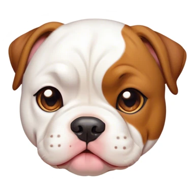 Cinematic Cute White and Brown American Bulldog Portrait Emoji, Head tilted playfully and inquisitively, soft white fur with rich brown patches, round, sparkling brown eyes filled with curiosity, Simplified yet irresistibly adorable features, highly detailed, glowing with a warm, friendly glow, high shine, affectionate and lively, stylized with a touch of whimsy, bright and endearing, soft glowing outline, capturing the essence of a mischievous yet loving pup, so playful it feels like it could bound out of the screen and into your arms! sticker