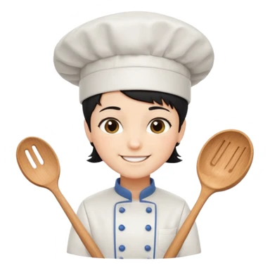 Short black hair, happy, wearing chef uniform and chef hat sticker