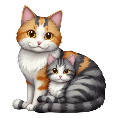 full body colourful light patched calico + white tabby cat cuddling a big dark grey and white tabby cat  sticker
