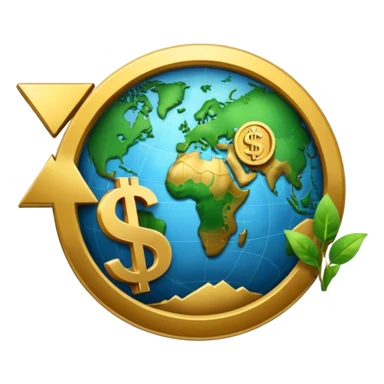 An icon featuring  a dollar sign, and a chart with upward trends, symbolizing economics. The design includes coins, bills, and earth e, representing global trade and financial systems. Transparent background highlights the study of markets, supply, and demand. sticker