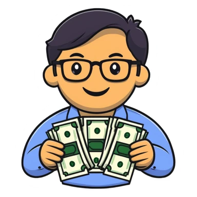 Indian finance bro with glasses, smiling, holding a stack of money, cartoon sticker sticker