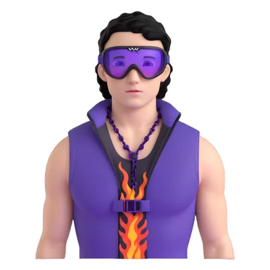 male athlete with white skin and moderately curly black hair on top with shaved sides, wearing ski goggles with purple frames and very dark black lenses, a simple plain black chain necklace, and a completely unzipped sleeveless vest with purple and black sequin fire pattern design with no logo or brand emblem, fully revealing his chest, shoulders and arms, no earrings sticker