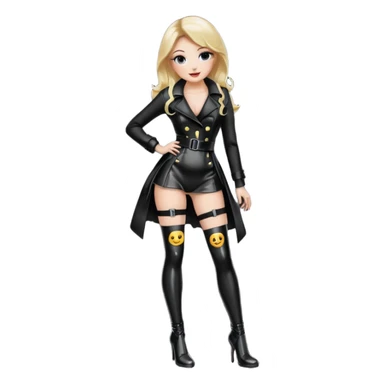 Create an female emoji with stockings and garter belt wearing a shiny wetlook coat and shiny high heel boot that go below the knee the boots should not go over the knee, the boots should have a very high and thin heel, garter belts should hold the stockings sticker