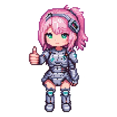 cyborg girl with pink hair giving a thumbs up, pixel art style, chibi proportions sticker