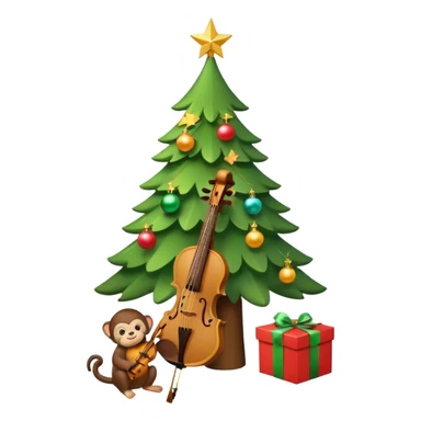 A cute, minimal emoji-style Christmas tree with a bright green triangular shape, decorated with a simple glowing light garland and round colorful baubles, a wooden violin replacing the trunk, and a small playful monkey sitting at the very top carefully placing a golden Christmas star sticker