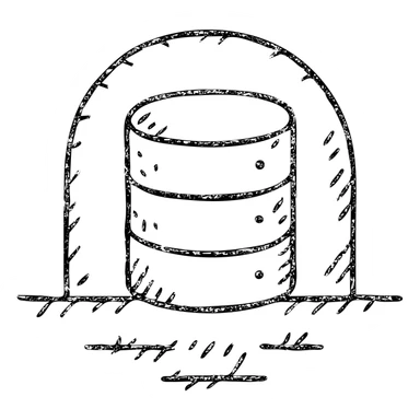 minimalist hand-drawn outlined icon of a database cylinder in a basement or underground setting, worn distressed effect sticker