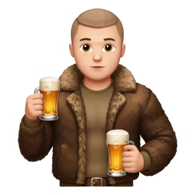 „A strong Russian young man with a buzz cut, muscular build, wearing a bear fur coat, holding a beer in one hand, confident expression, snowy background, Slavic aesthetics sticker