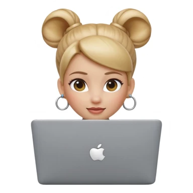 3D Apple Memoji–style emoji, female character with high bun and hoop earrings, peeking over a silver laptop, soft lighting, smooth plastic texture, transparent PNG, 4K. sticker