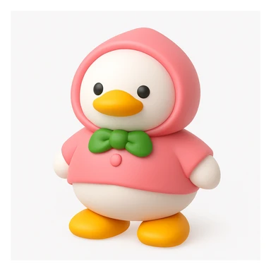 3D iOS style emoji of a duck wearing a pink hoodie with green buttons and yellow shoes sticker