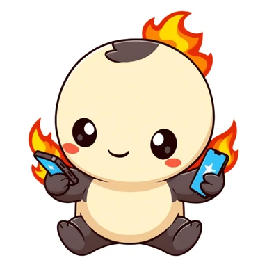 Adorable battle royale character celebrating a victory, with a smartphone showing Free Fire game, surrounded by small stars and flames sticker