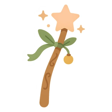 "A cute and magical wand with an elegant, whimsical design, incorporating a color palette of golden orange (FA9B41), forest green (4A7C5C), soft taupe brown (96775A), and pastel peach (FFCC9A). The wand is slender and slightly curved, made of smooth wood with delicate carvings. At the top, there's a glowing gem or star in peachy tones, surrounded by tiny sparkles. Decorative elements like a ribbon, tiny leaves, or a small charm add a cozy, storybook-like charm. The overall look is gentle, enchanting, and magical, perfect for a forest fairy or a kindhearted young wizard." sticker