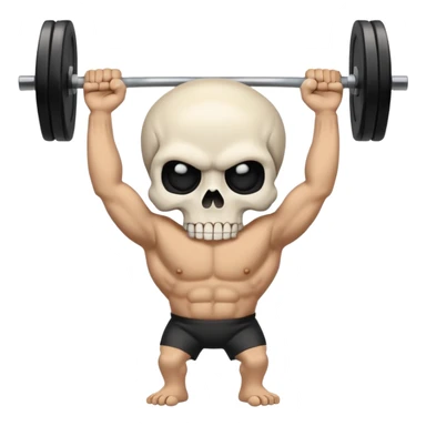 cartoon-style emoji of a white skull with black eye sockets, holding a heavy barbell with its hands, large weights on each side, confident and intense expression, clean lines, bold colors, simple or transparent background, stylized like an emoji sticker