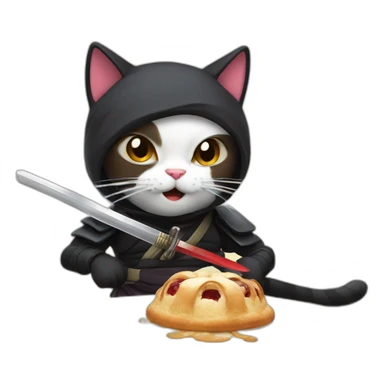 Ninja cat cuts pastry with  katana sticker