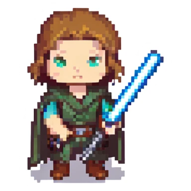 a Jedi with a blue lightsaber in pixel art style sticker