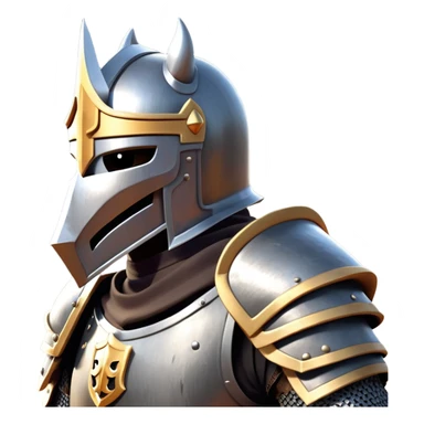 clash-of-clans-aesthetic_-cinematic-fearsome-and-majestic-knight-bust-portrait-emoji, rendered in a flat, vector-style with minimal shading and bold, simplified shapes, depicting a battle-ready medieval knight with steely eyes and intricate armor, mounted riding on a black warhorse reflecting sunlight over a misty battlefield. sticker