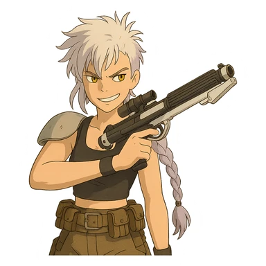 1 FEMALE, GOLD YELLOW EYES, WHITE HAIR LAVENDER TIPS, MESSY LOCKS BANGS MOHAWK, LONG BRAID, small black sports tank top, a single large light gray shoulder pad, tactical belt with many pouches, HOLDING A STORMTROOPER'S E11 BLASTER RIFLE, BRANDISHING, mischevious GLARE, style of star wars original character sticker
