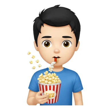 generate a pretty fair bratz boy with a blue tshirt on. eating popcorn. messy black hai sticker