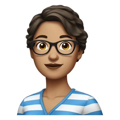 Woman with dark brown hair, glasses, freckles and a blue and white striped shirt sticker