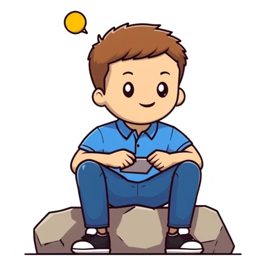 Young man with light skin and short brown hair sitting on stone steps, wearing white polo shirt with blue details and jeans sticker