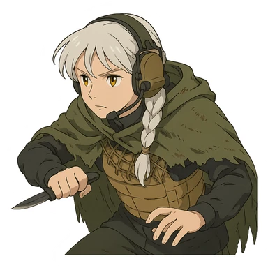 1 female, mid 20's, white hair in a long braid, gold yellow eyes, adorned in a black long sleeve shirt, tan body armor and a worn olive-green cloak with netting holding it together. She wears a COMTAC headset. she is hunched slightly, stealthily, focused on her target, holding a small combat blade at the ready sticker