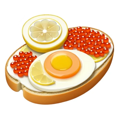 open sandwich with butter, boiled half egg, slice of lemon, red caviar sticker