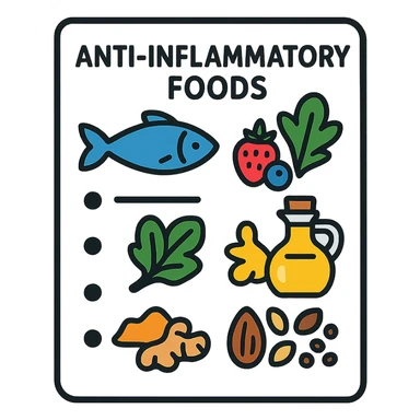 modern illustration of a list of anti-inflammatory foods with icons: blue fish, berries, leafy green vegetables, olive oil, spices (turmeric, ginger), seeds and nuts, light background sticker