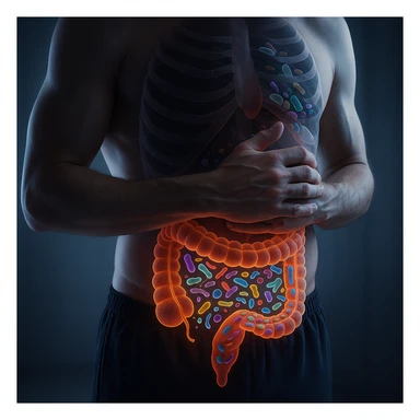 Hyperrealistic 4K human body in a similar position to the reference image, with the intestine highlighted and glowing. No parasites present, but showing altered microbiota (dysbiosis) with diverse bacteria and microorganisms of various shapes and colors inside the intestine. Clinical atmosphere, highly detailed and realistic. sticker