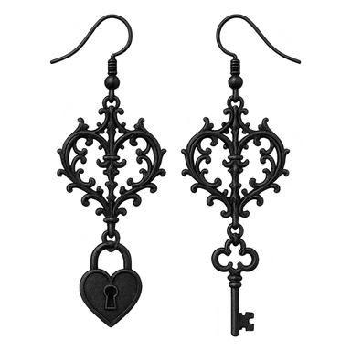 goth earrings, black lock and key, romantic gothic style, intricate, detailed sticker